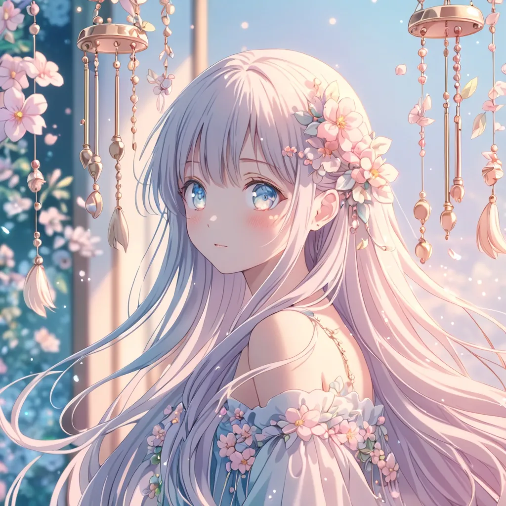 Prompt: Anime chimes girl, soft background, soft pastel colors, dreamy atmosphere, flowing long hair with floral accents, dainty chimes accessories, detailed eyes, 4k, high-quality, anime, dreamy lighting