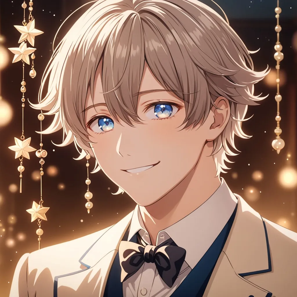 Prompt: Anime stars charming gentleman, soft background, dreamy atmosphere, short  hair, a sweet smile, dainty chimes accessories, detailed eyes, 4k, high-quality, anime, dreamy lighting