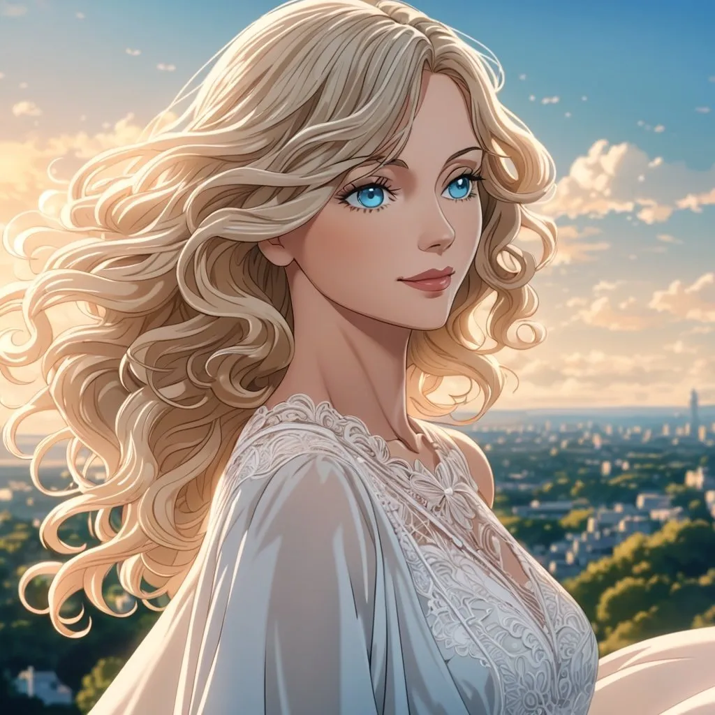 Prompt: Anime an anime woman, mature woman, older woman, slender, beautiful gentle features, blonde hair, cute lips, seafoam blue eyes, dressed in a 1920's lacy white dress, intricate line art, blue skies in the background, long hair, long dress, detailed eyes, 4k, high-quality, anime, dreamy lighting, confident woman, Soft wavy hair, motherly woman, smokey eye makeup, middle aged woman, middle aged mother, muted lip color, boss lady, looking into the distance, wind swept dress, playful smile