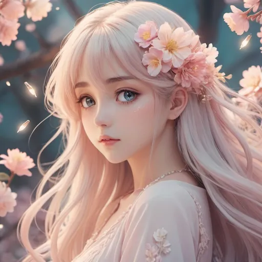 Prompt: Anime girl, soft pastel colors, dreamy atmosphere, flowing long hair with floral accents, dainty chimes accessories, ethereal glow, detailed eyes, 4k, high-quality, anime, pastel tones, dreamy lighting