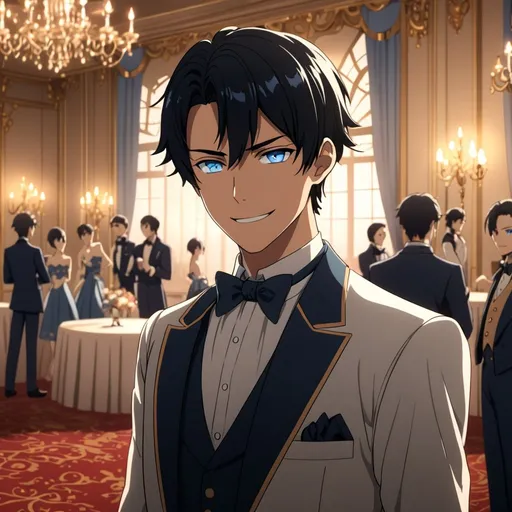 Prompt: Anime, mid twenties gentleman, smirking, soft background, dreamy atmosphere, short black hair, blue eyes, in a ballroom, detailed eyes, 4k, high-quality, anime, dreamy lighting