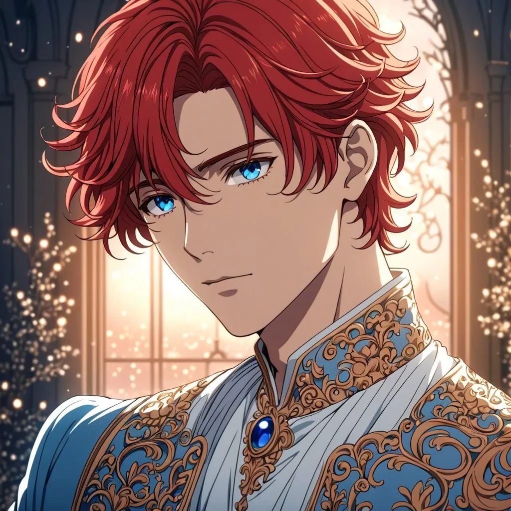 Prompt: Anime an anime man,  beautiful gentle features, red hair, and blue eyes, dressed like a prince, intricate line art, dreamy atmosphere, short hair, gentle curls, detailed eyes, 4k, high-quality, anime, dreamy lighting
