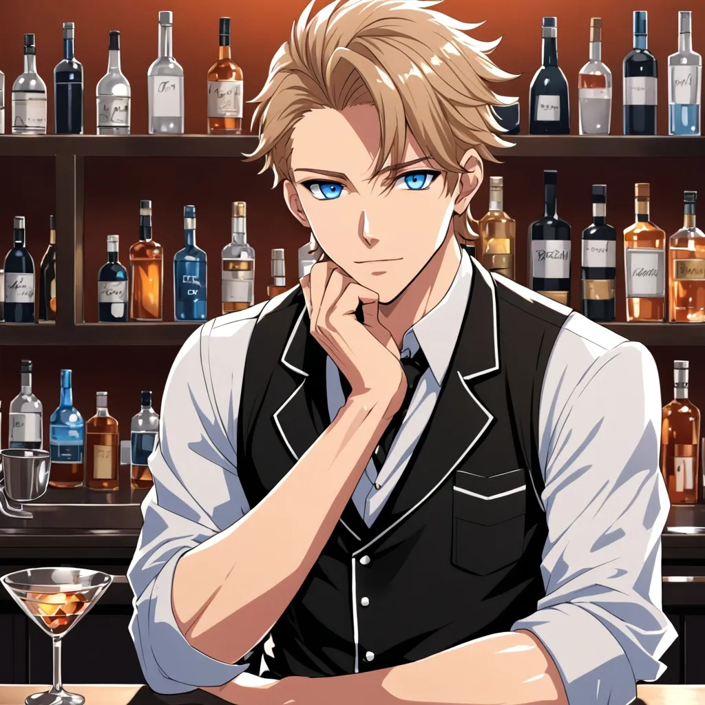 Prompt: an anime handsome flirtatious man with light brown hair and blue eyes in a black bartender uniform