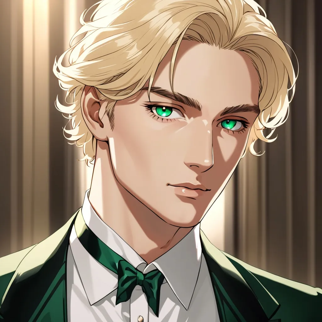 Prompt: an elegant man with light blonde hair and green eyes