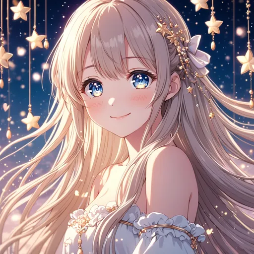 Prompt: Anime stars girl, soft background, dreamy atmosphere, flowing long hair, a sweet smile, dainty chimes accessories, detailed eyes, 4k, high-quality, anime, dreamy lighting