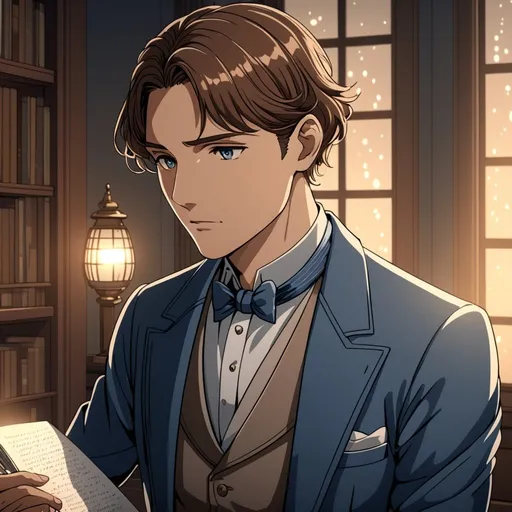 Prompt: Anime an anime man, handsome,  beautiful gentle features, brown hair, and light brown eyes, intricate line art, dreamy atmosphere, well kept short hair, detailed eyes, 4k, high-quality, anime, in a study, thoughtful expression, a 1920's grey and blue suitcoat, romantic lighting, middle aged gentleman,