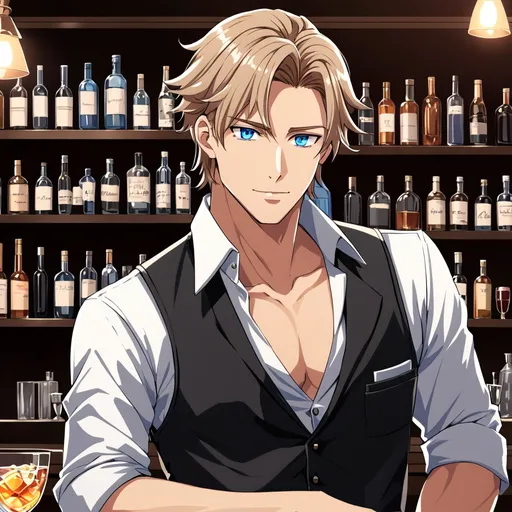 Prompt: an anime handsome flirtatious man with light brown hair and blue eyes in a black bartender uniform