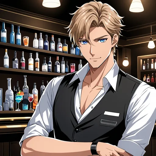 Prompt: an anime handsome flirtatious man with light brown hair and blue eyes in a black bartender uniform