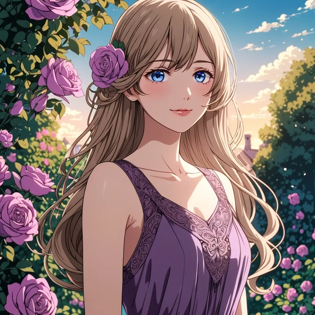 Prompt: Anime an anime young woman, slender, beautiful gentle features, light brown hair, cute lips, pale blue eyes, dressed in a 1920's fancy plum purple dress, intricate line art, dreamy garden atmosphere, blue skies in the background, magenta roses in the background, wind swept hair, long hair, coy smile, long dress, detailed eyes, 4k, high-quality, anime, dreamy lighting