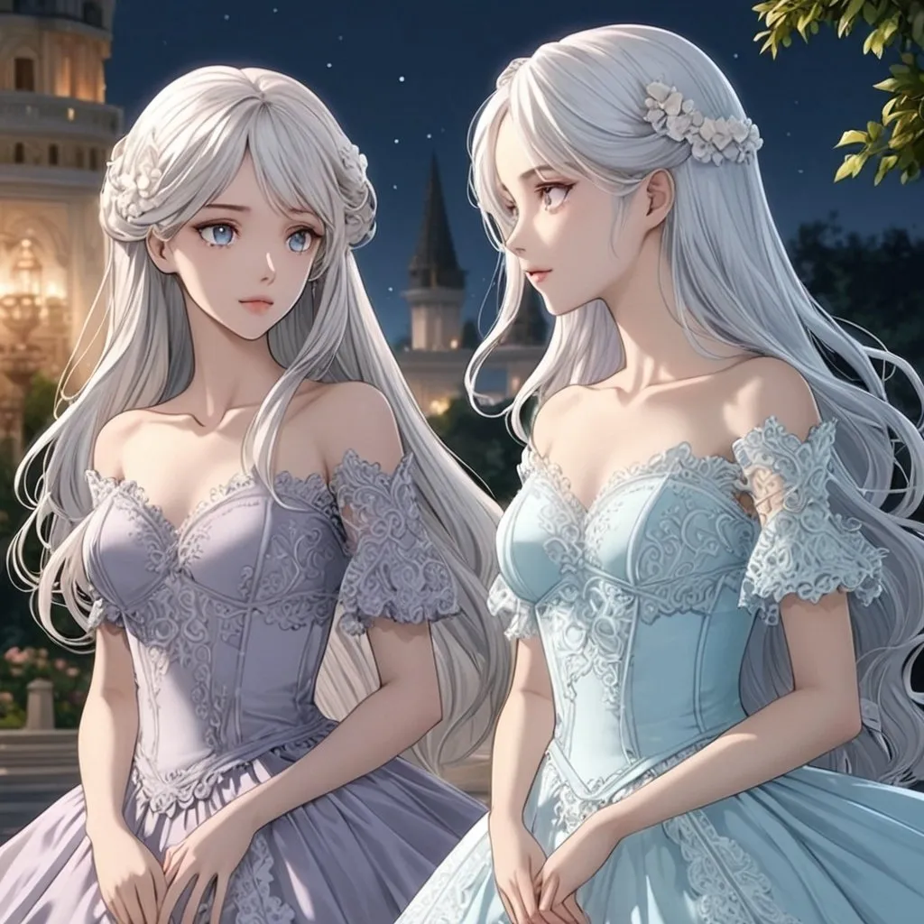 Prompt: Anime, two anime women, beautiful features, white hair, coy expression, cute lips, blue eyes, lacy pastel blue ballgown, lacy purple ballgown, intricate line art, palace garden atmosphere, long hair, done up hairstyle, detailed eyes, 4k, high-quality, anime, strong and fit, womanly, a slightly masculine chin, romantic lighting, profile shot, pastel pallet, identical twins,