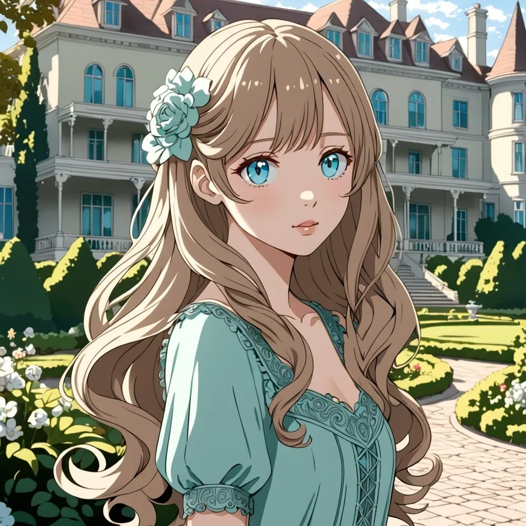 Prompt: Anime an anime young woman, slender, beautiful gentle features, light brown hair, cute lips, sweet expression, pale blue colored eyes, dressed in a seafoam 1920's dress, intricate line art, in a dreamy garden, mansion in the background, well kept loose curls, very long hair, detailed eyes, 4k, high-quality, anime, dreamy lighting