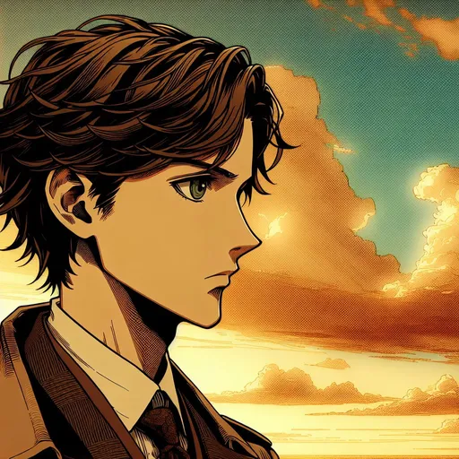 Prompt: Anime an anime man, beautiful gentle features, brown hair, and green eyes, intricate line art, backlit, tousled short hair, detailed eyes, 4k, high-quality, anime, thoughtful expression, detective outfit, 1920's suit coat, sky background, profile shot,