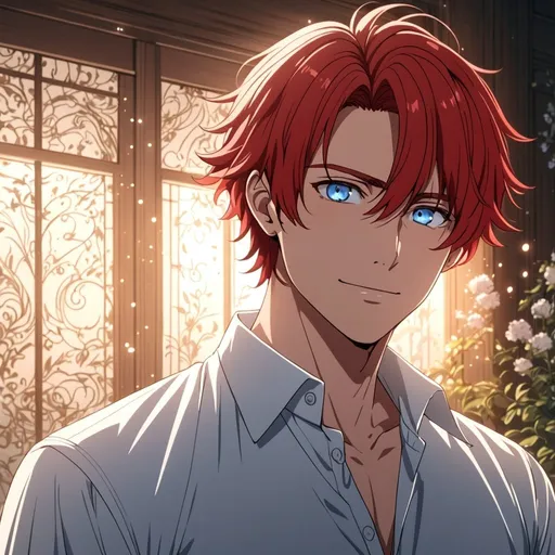 Prompt: Anime an anime man, manly, beautiful gentle features, a crooked smile, red hair, and blue eyes, dressed in a white button up shirt, intricate line art, dreamy atmosphere, short hair, detailed eyes, 4k, high-quality, anime, dreamy lighting