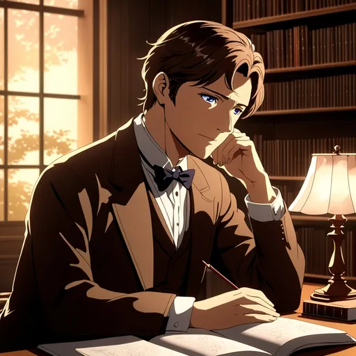 Prompt: Anime charming mid aged gentleman, soft background, dreamy atmosphere, short brown hair, in a study, detailed eyes, 4k, high-quality, anime, dreamy lighting