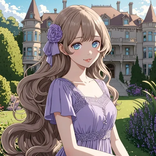 Prompt: Anime an anime woman, slender, beautiful gentle features, light brown hair, cute lips, sweet expression, coy smile, pale blue colored eyes, dressed in a lavender 1920's dress, intricate line art, in a dreamy garden, mansion in the background, well kept loose curls, very long hair, detailed eyes, 4k, high-quality, anime, dreamy lighting, well endowed,
