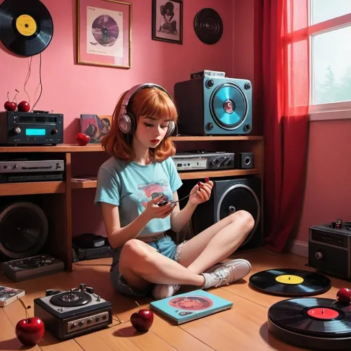 Prompt: a girl sits on the floor of her room, eats cherries, listening to music with turntable and vinyl, science-fiction, pulp style, 90s anime