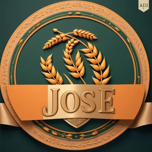 Prompt: Create a 3D coat of arms representing the tribe of Joseph, based on the provided example image. The coat of arms should be circular and golden. It features three golden wheat stalks in the center on an orange background, surrounded by a crown of small golden branches. The wheat stalks should be three-dimensional and prominent, extending slightly out of the shield. Outside the shield, include a pattern of intersecting brown and orange lines. Below the wheat stalks, in golden, three-dimensional letters, add the name 'JOSE'. Ensure the final design respects 90% of the original image's design, maintaining its style and layout