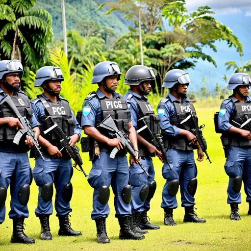 Prompt: Papua New Guinea Defense Force and Royal Papua New Guinea Constabulary working together to protect the nation from all threats, internal and external, during the Great Reset. PNGDF in full combat gear, PNG Constabulary in riot gear, standing side by side, looking out into the distance.