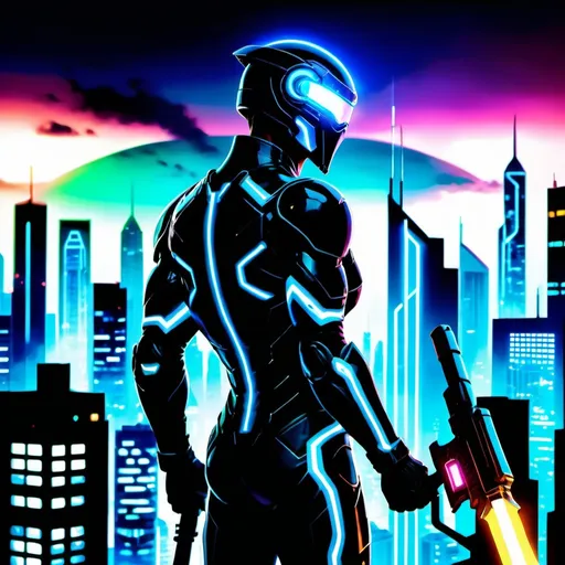 Prompt: A futuristic warrior stands atop a skyscraper, overlooking a neon-lit city skyline. Their sleek armor glows with pulsing energy, and a helmet obscures their face, leaving only glowing eyes visible. In one hand, they hold a high-tech weapon, ready to defend against any threat to their futuristic metropolis.