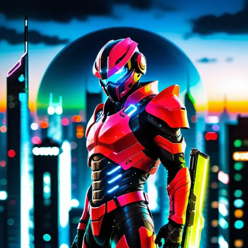 Prompt: A futuristic warrior stands atop a skyscraper, overlooking a neon-lit city skyline. Their sleek armor glows with pulsing energy, and a helmet obscures their face, leaving only glowing eyes visible. In one hand, they hold a high-tech weapon, ready to defend against any threat to their futuristic metropolis.