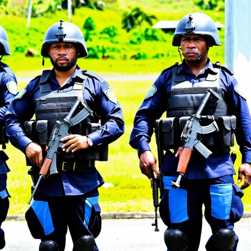 Prompt: Papua New Guinea Defense Force and Royal Papua New Guinea Constabulary working together to protect the nation from all threats, internal and external, during the Great Reset. PNGDF in full combat gear, PNG Constabulary in riot gear, standing side by side, looking out into the distance.