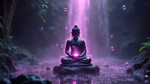 Prompt: Buddha statue inside dim light glowing jungle hyperspace love chamber, glowing glass bubbles, crystal singing bowls, flower of life, tibetan singing bowls, glowing foggy misty, peaceful mystical Buddhist waterfall, edge of cliff gigantic waterfall, jacuzzi bubbles)), glowing black and purpl e, glass bubbles magical, glowing background, an lines, bubbly foamy, magical, mystical,  
