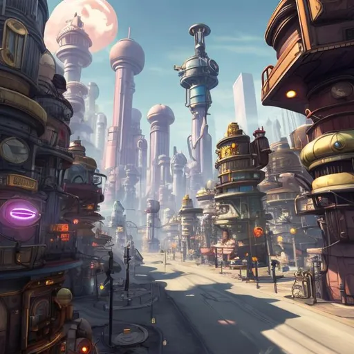 Prompt: Utopian steampunk city street, fantasy