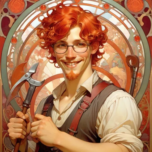Prompt: 1male, young, crimson-red hair, (small glasses), working, holding tools, smiling