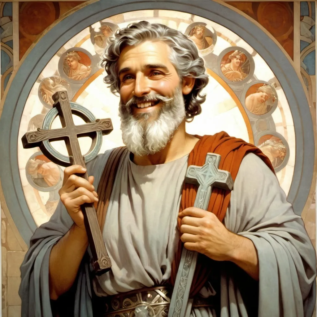 Prompt: 1male (bearded, grey hair, grey beard), smiling, wearing toga, fully clothed, holding small cross, Ancient Rome