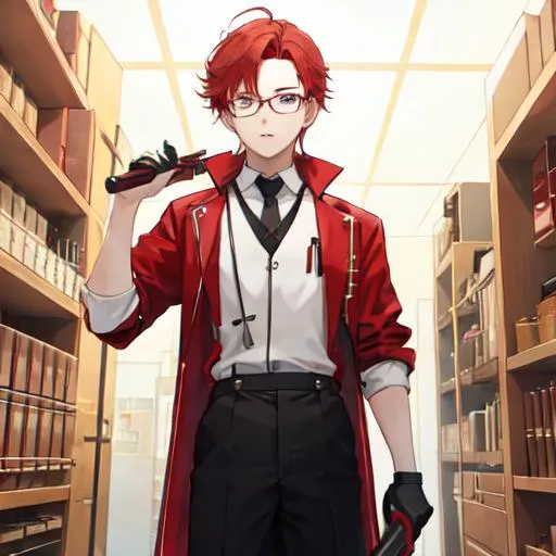 Prompt: 1male, young, crimson-red hair, (small glasses), working, holding tools