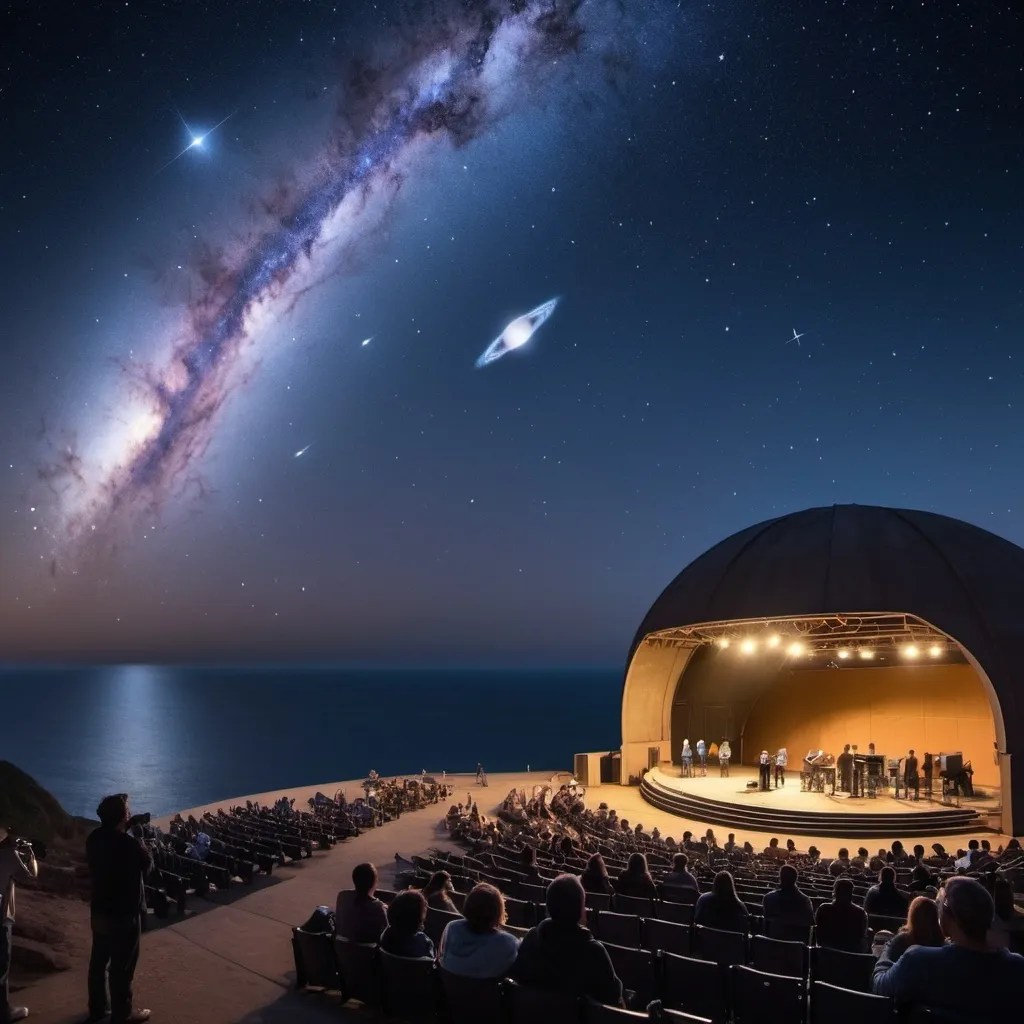 Prompt: Night scene at an outdoor amphitheater with people on a stage with telescopes.  the Milky Way is faintly visible against the dark sky dotted with twinkling stars.  There is an ocean in the distance, faintly illuminated by the stars.  A very large planet like TRAPPIST-1 is rising over the horizon.