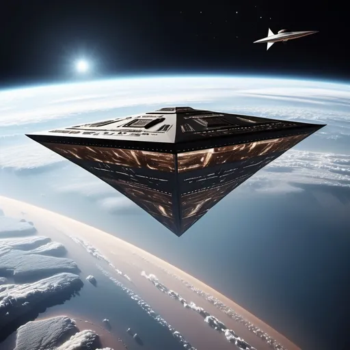 Prompt: Giant triangle-shaped spaceship hovering over Earth 200,000 years ago with other little spaceships coming out of it