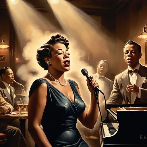 Prompt: Dimly lit 1940s jazz club, vintage poster style, photorealistic, smoke curling in the air, spotlights on legendary female jazz singers, Ella Fitzgerald hitting a high note, Billie Holiday's melancholy gaze, Sarah Vaughan's powerful vibrato, classic oil painting, timeless, vintage, photorealism, atmospheric lighting, golden hues, vintage glamour, legendary jazz singers, professional, high quality, detailed facial expressions, vintage poster