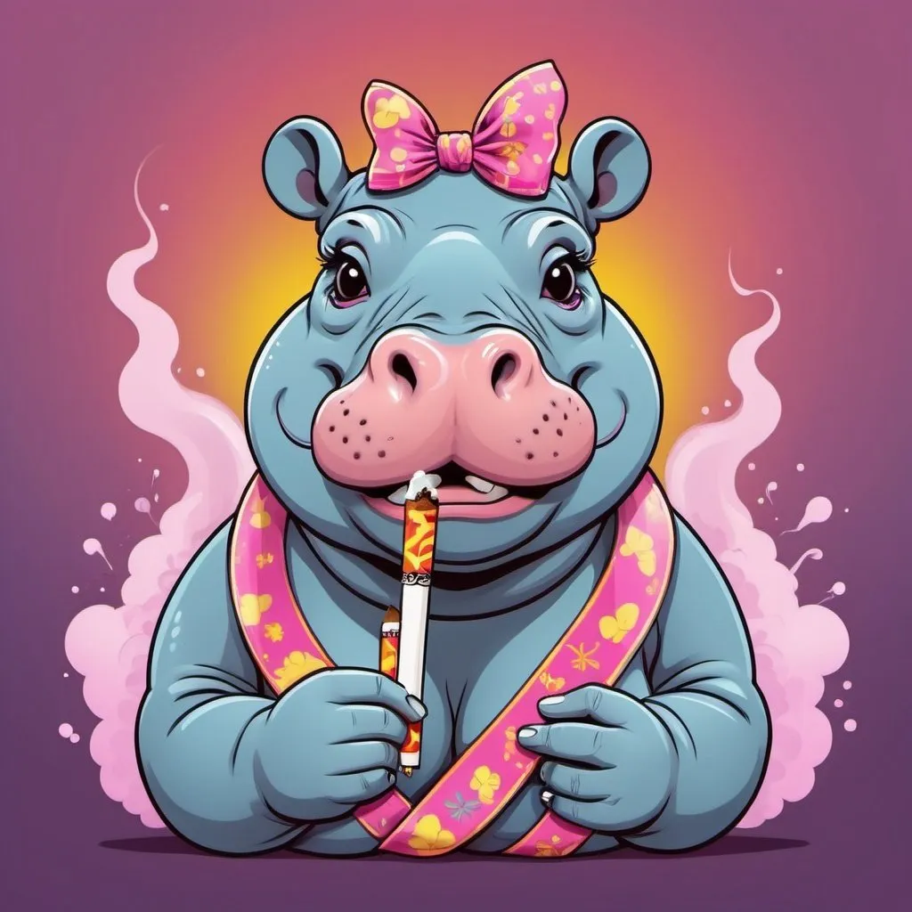 Prompt: a cute pretty female hippos wearing ribbon smoke ciggs, with lsd color background, in aesthetic way. cute cartoon style.