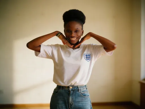 Prompt: Cinematic, realistic photo of a calm African woman in an ordinary everyday setting, soft natural light, peaceful atmosphere, reflective mood, minimal background, warm tones, shallow depth of field, subtle film grain, inspirational and faith-filled aesthetic.