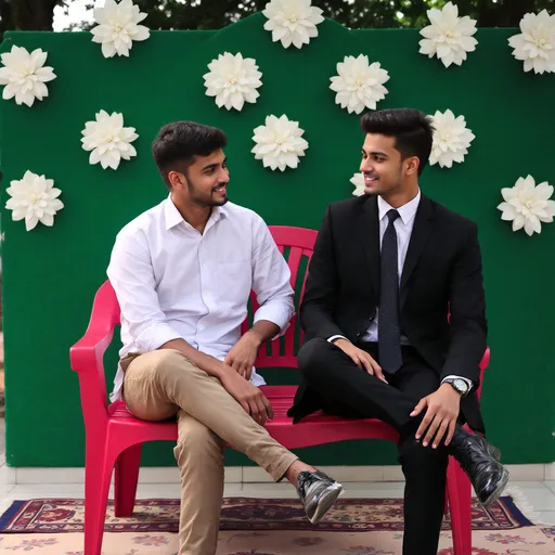 Prompt: The image shows two young men sitting on a red bench in front of a green wall decorated with white flowers. The man on the left is wearing a white shirt and khaki pants, while the man in the middle is dressed in a black suit and tie. They are both looking at each other and appear to be engaged in a conversation. The floor is covered in a patterned rug, and there are trees in the background. The overall mood of the image is casual and relaxed.