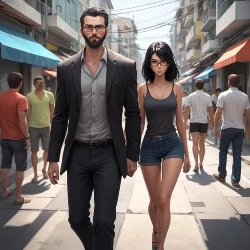 Prompt: Anime, city, artgerm, artstation, full body view, stylized illustration, few details. In the front plan, the man is walking carelessly and lazily through the streets of Rio de Janeiro. The man is slim and has black, straight, short hair and a beard. In the background, the woman is following him secretly, trying to stay hidden. The woman is wearing glasses and has long, straight black hair. The man does not notice that he is being followed, and continues on his way through the busy city