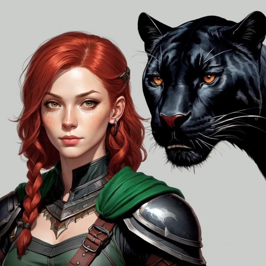 Prompt: dungeons and dragons female ranger with red medium hair, beside a black panther