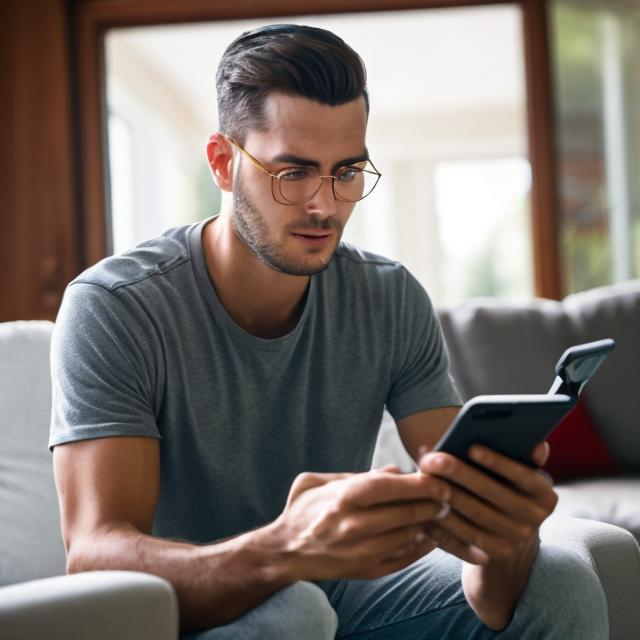 Prompt: close up to a guy watching his phone at his house