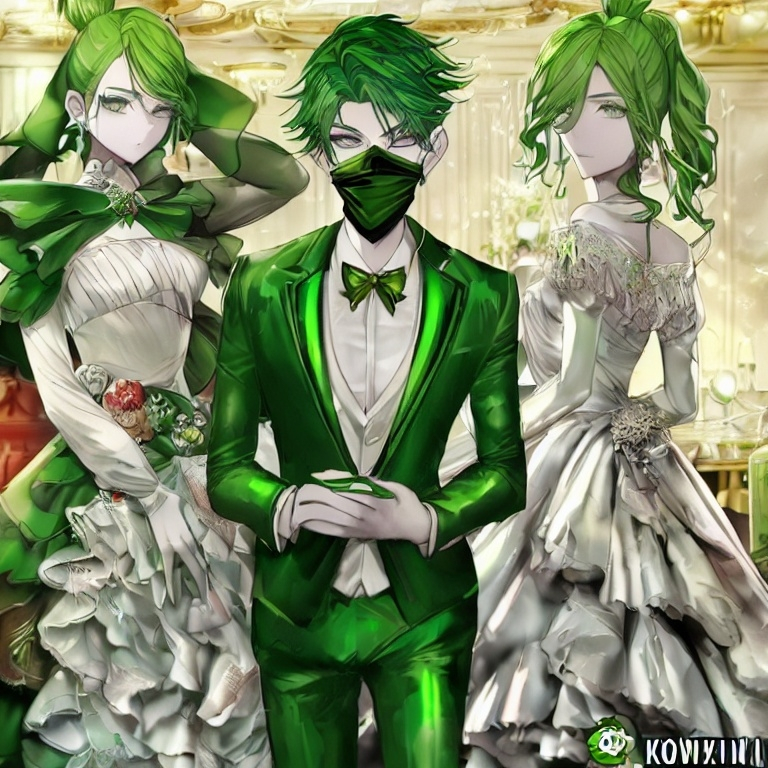 Prompt: 5 ‘5’ ft tall, green hair, green eyes, wears red and black shoes, wears a green and white suit, wears white gloves, & wears a green and black mask that covers his face. and his name is Floyd Korn
