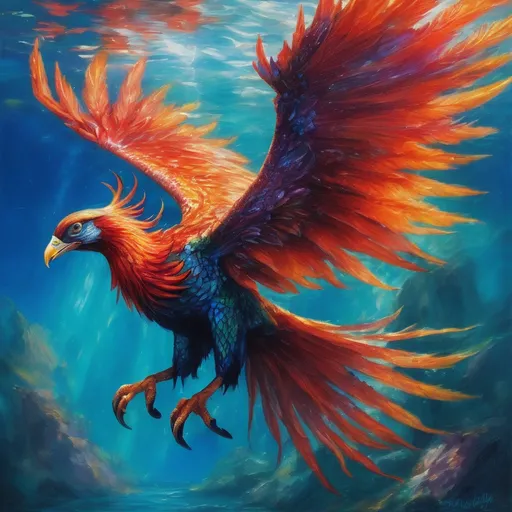 Prompt: Phoenix in a waterworld exploring, vibrant and lifelike, oil painting, serene underwater landscape, majestic wings with fiery feathers, shimmering scales, crystal-clear ocean, mythical creature, high quality, realistic, oil painting, vibrant colors, serene, underwater, lifelike, majestic wings, fiery feathers, shimmering scales, crystal-clear ocean, mythical creature, detailed, tranquil lighting