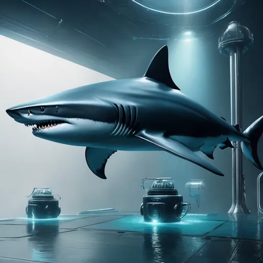 Prompt: Futuristic water tank with a sleek shark, high-tech materials, shimmering metallic details, intense aquatic atmosphere, high quality, 4k, ultra-detailed, sci-fi, futuristic, shark, metallic sheen, sleek design, intense gaze, high-tech, futuristic water tank, atmospheric lighting, underwater, futuristic setting