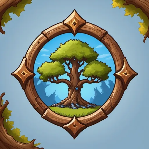 Prompt: A modern company logo for a video game that has a large oak in the background. Simple, digital but strong impression based on the video game World of Warcraft anime style. Make the background light blue with the oak on a molten ground. Dont add text