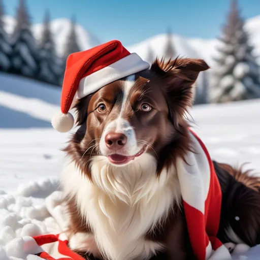 Prompt: (chocolate-colored border collie), wearing a festive Christmas hat, playfully situated in a blanket of soft, fluffy snow, glistening under a bright winter sun, cheerful atmosphere, serene scene, winter wonderland backdrop, vibrant colors, ultra-detailed fur texture, cozy holiday vibes, 4K quality, animal portrait.