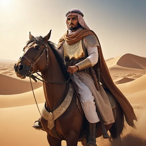 Prompt: (ancient arab muslim commander leading his army), realism style, warm colors and lighting, cinematic depth, high detail, intense expressions of determination, detailed armor and weaponry, majestic war horses, desert landscape, towering dunes in the background, vibrant golden tones, dramatic shadows, 4K resolution, ultra-detailed, photorealistic, breathtaking atmosphere, inspiring and heroic mood