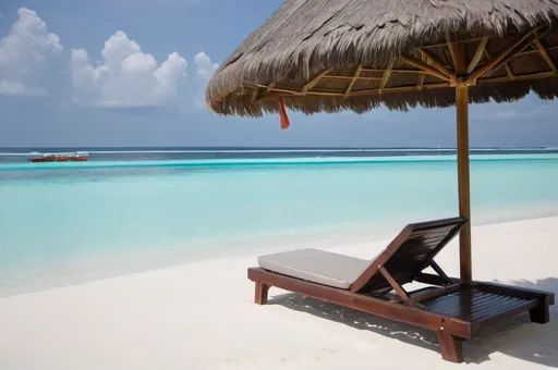 Prompt: Please create an image depicting a tranquil scene at a Maldives beach. A person is lying on a sunbed under a parasol, listening to the sound of waves. The atmosphere should convey relaxation and serenity.