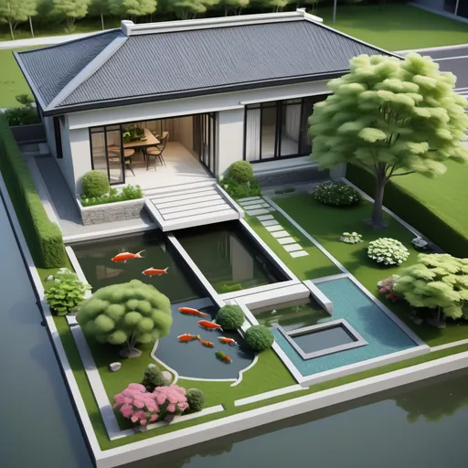 Prompt: A 3D model of a house with a garden, the land size is 4 meters wide and 20 meters long, with large and small trees, a fish pond, and a parking lot. The house should have a modern design with large windows and a minimalist color scheme. The garden should be lush and green, with a variety of plants and flowers. The fish pond should be located near the house, and the parking lot should be easily accessible