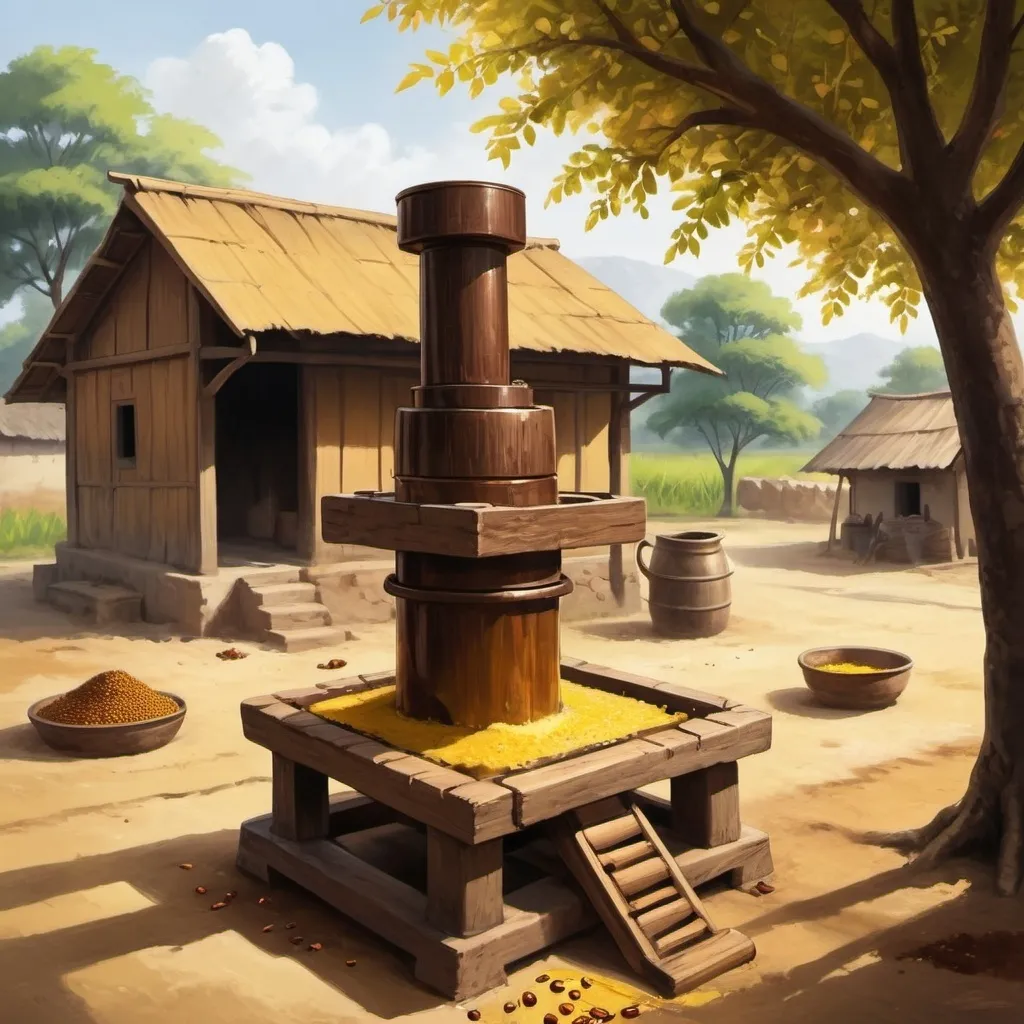 Prompt: Create a detailed illustration of a traditional wooden oil press made from tamarind wood (têtul gach) in an ancient rural setting. The scene should depict a serene, early morning ambiance with soft, golden sunlight streaming through the trees. The oil press is shown in action, with fresh mustard seeds being crushed to extract pure mustard oil. The oil has a rich, golden hue, emphasizing its premium quality. In the background, include a small village with traditional huts, trees, and a farmer in traditional attire supervising the oil extraction process. The overall style should evoke a sense of nostalgia and heritage, highlighting the traditional method of oil extraction in contrast to modern industrial methods.