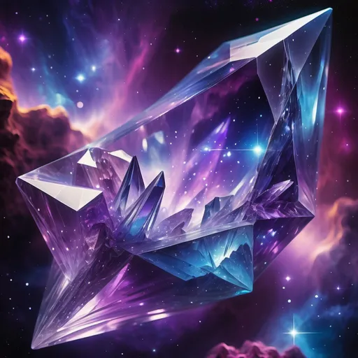 Prompt: Crystal in a galaxy, (shimmering) facets reflecting light, swirling cosmic colors, (twinkling stars) in the backdrop, vibrant nebulae with stunning hues of purple and blue, high-quality galactic scene, (ethereal) glow surrounding the crystal, otherworldly ambiance, (ultra-detailed) textures and structures, (starlit) depth of space illuminating the gem in serenity.