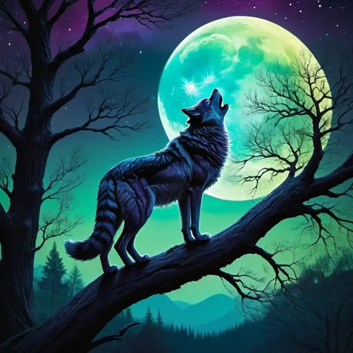 Prompt: lone wolf howling at the moon, (aurora borealis sky), (mystical atmosphere), Cheshire cat perched on a tree branch, curiously staring at the wolf, elegantly wears a crown, intricate tree branches in silhouette, (moody lighting), (vibrant colors), (highly detailed), enchanting and whimsical vibes, powerful wolf silhouette against the luminous moon, moonlight illuminating the scene, nature's serenity blended with fantasy elements.